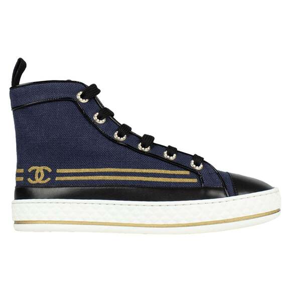 Chanel 19C Blue Denim Black Gold CC Platform Lace Up High Top Trainer Sneaker 40 - Picture 1 of 10